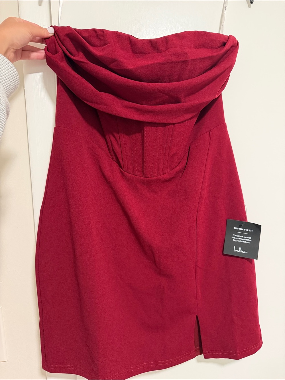 Lulu's Wine Red Strapless Cowl Neck Mini Dress